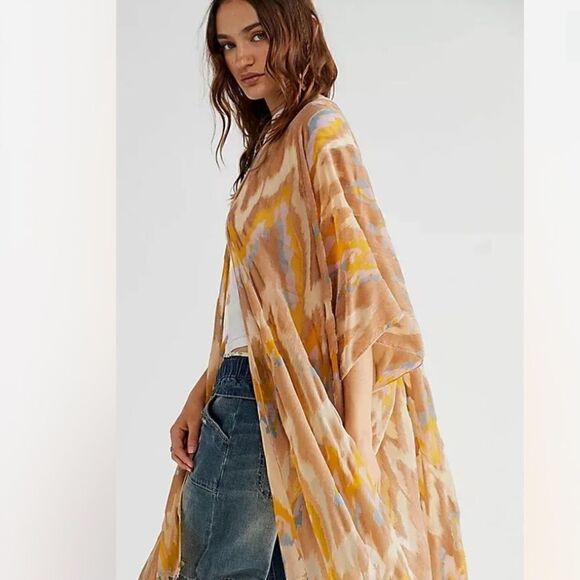 Free People Dripping Burnout Velvet Kimono / Fringe Yellow Tan Blue - Picture 1 of 5
